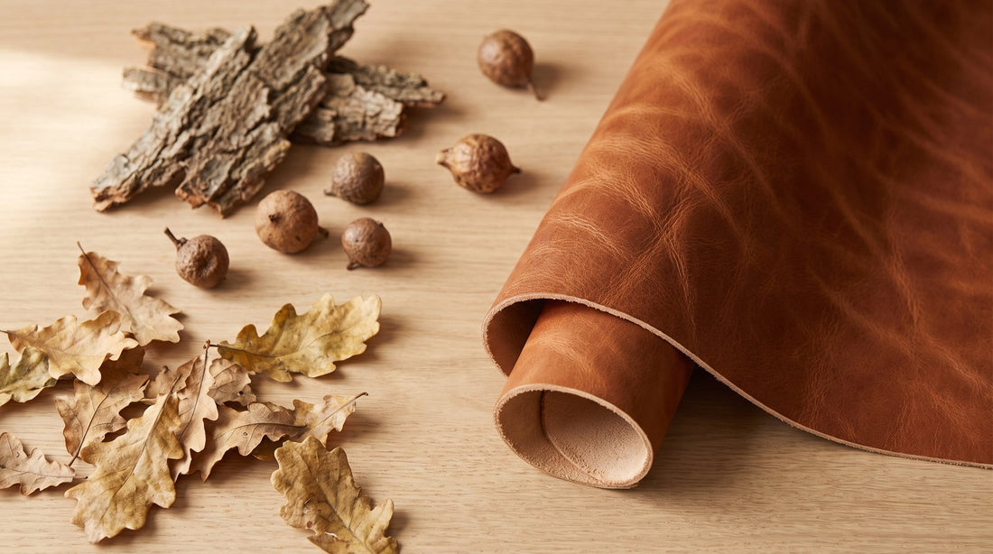 Stuk cognac plantaardig gelooid volnerf leer naast eikenschors, eikengallen en gedroogde eikenbladeren op een lichte houten tafel