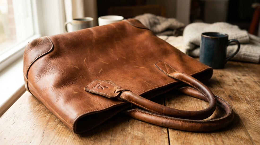 Leren tas met warme patina en natuurlijke gebruikssporen op houten tafel