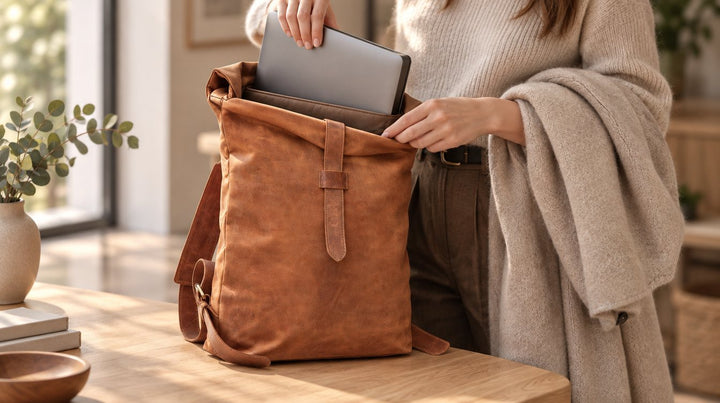 Vrouw schuift een laptop in het vak van een cognac leren rugzak op een eiken bureau