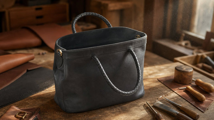 Open leren tas op een werkbank met warm licht en stofdeeltjes in de lucht