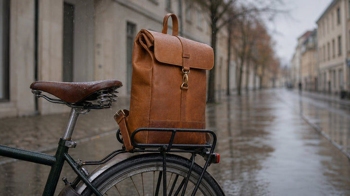 Leren rugzak vastgemaakt aan een fietsbagagedrager in de regen