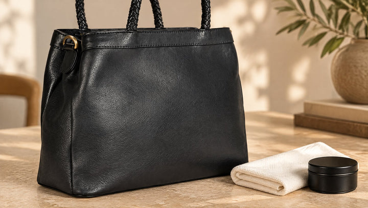 Close-up van een leren handtas naast een schone doek en een gesloten onderhoudspotje