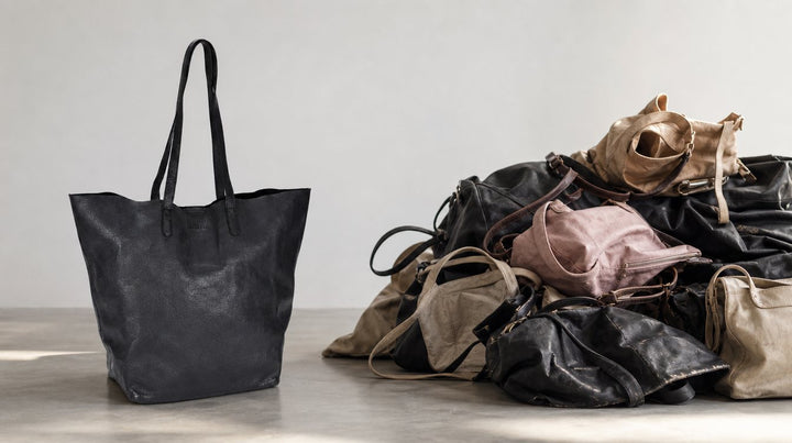 Een goed gemaakte leren tas tegenover een stapel versleten synthetische tassen