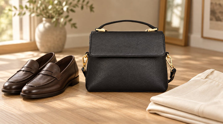 Leren schoudertas naast loafers in een verwante aardetint en een opgevouwen crèmekleurige broek