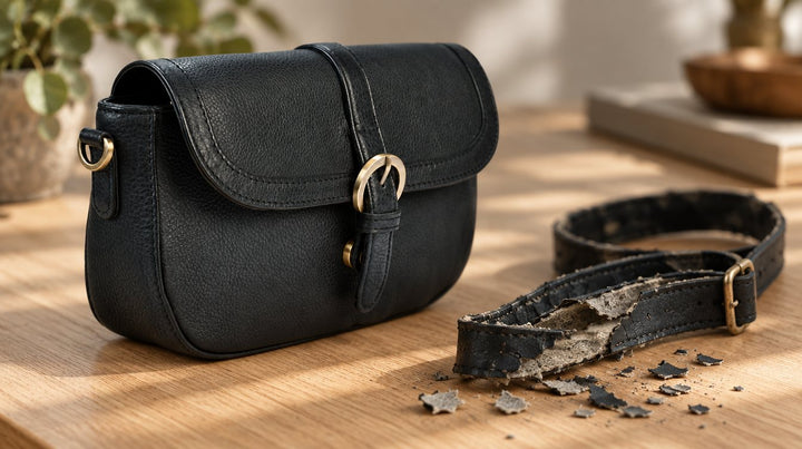 Afbladderende band van bonded leer met vezelige kern naast een gave leren schoudertas