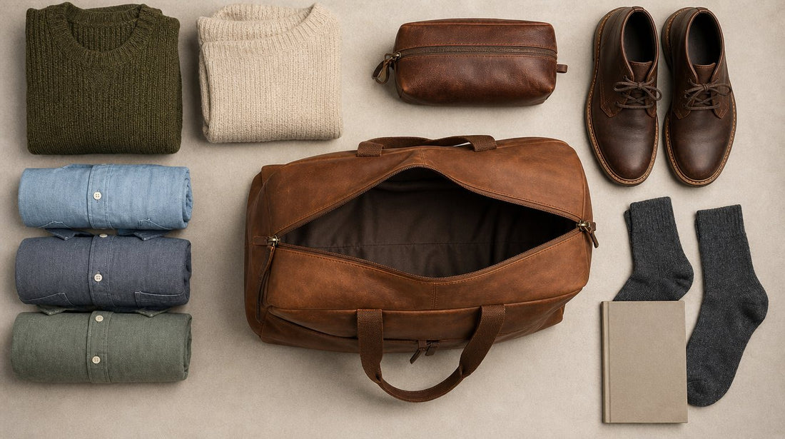 Open leren weekendtas met opgerolde kleding, schoenen en toilettas klaar om in te pakken