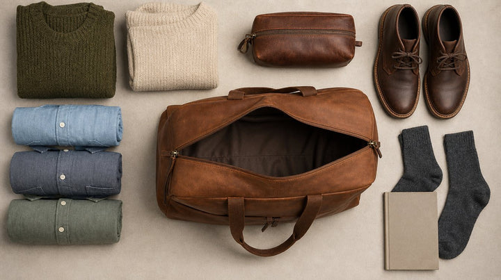 Open leren weekendtas met opgerolde kleding, schoenen en toilettas klaar om in te pakken