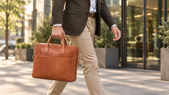 Man in blazer loopt met een cognac leren laptoptas naar kantoor