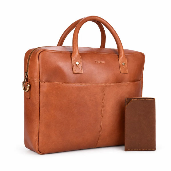 Leren laptoptas Mason + leren kaarthouder Argyle