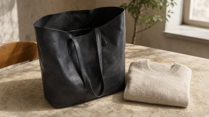 Open leren shopper met ruime binnenkant naast een gevouwen trui