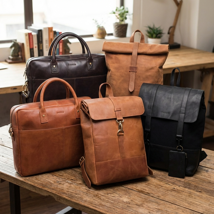 Leren laptoptas met laptop erin voor werk