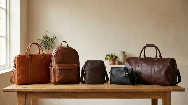 Vijf leren tassen naast elkaar op een houten tafel: aktetas, rugzak, schoudertas, crossbody en weekendtas