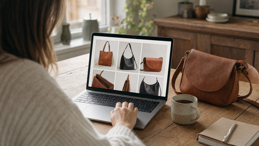 Vrouw bekijkt aan een houten tafel een webshop met leren tassen op haar laptop, naast haar een cognac leren schoudertas en een kop koffie