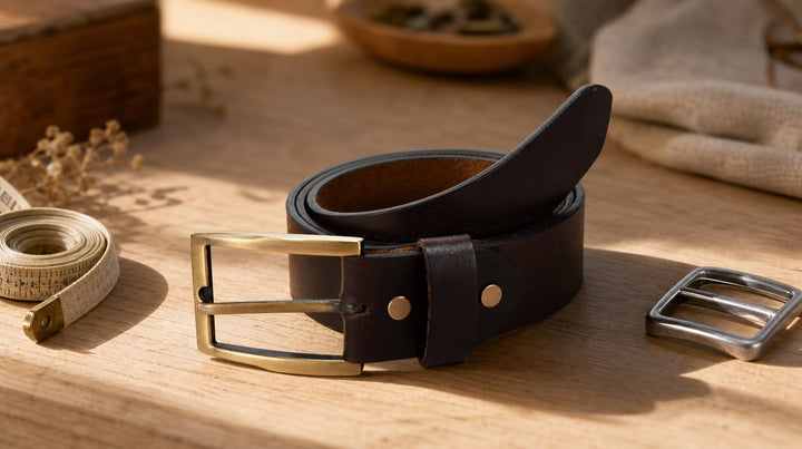 Opgerolde leren riem met massieve gesp en een meetlint op een eiken tafel