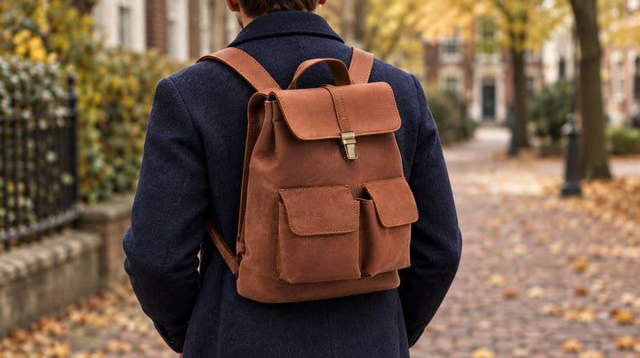 Man in donkerblauwe jas met cognac leren rugzak loopt over een straat met herfstbladeren