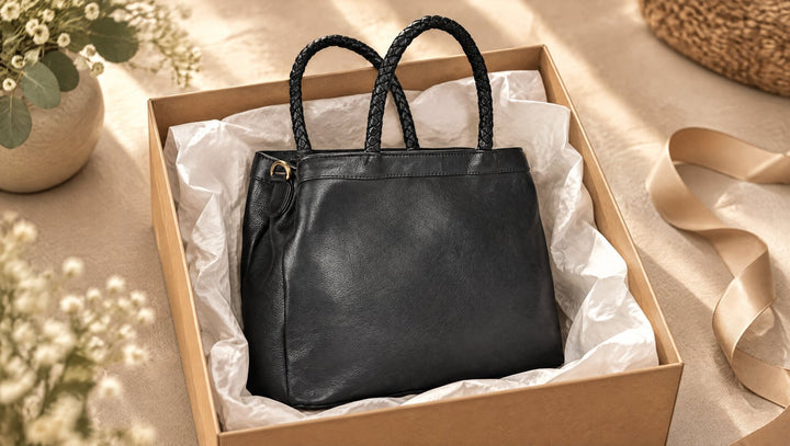 Zwarte leren handtas in een open cadeaudoos met wit vloeipapier en een los lint