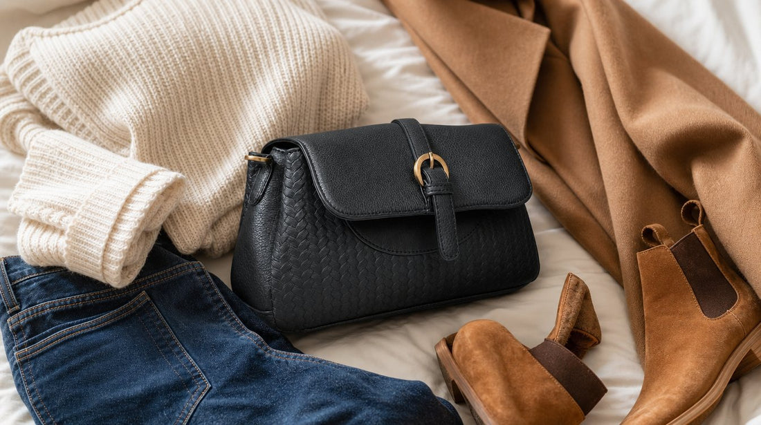 Leren tas gecombineerd met een outfit van gebreide trui, denim en camel jas