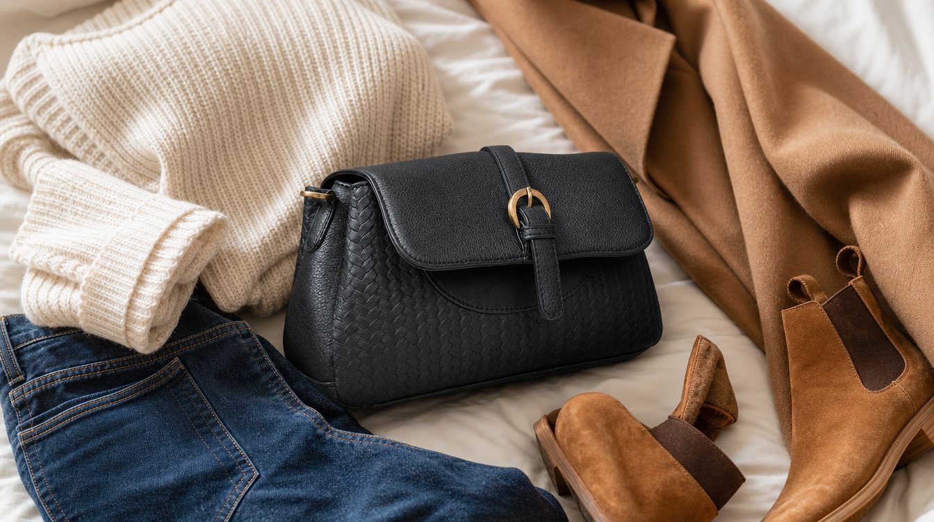 Leren tas gecombineerd met een outfit van gebreide trui, denim en camel jas
