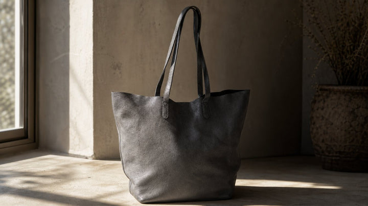 Leren shopper half in fel zonlicht en half in de schaduw