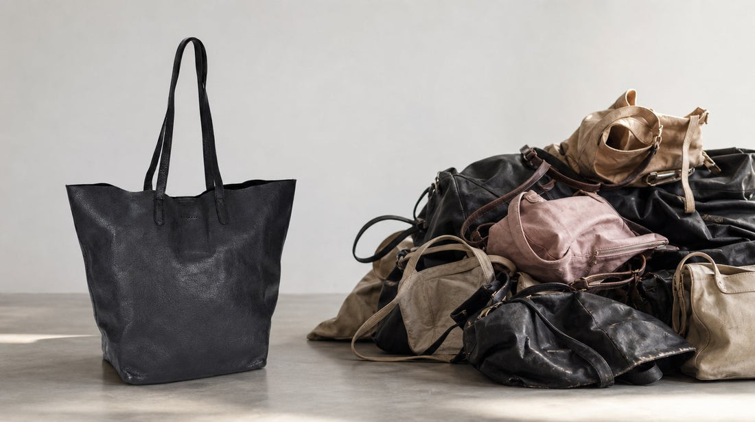 Een goed gemaakte leren tas tegenover een stapel versleten synthetische tassen