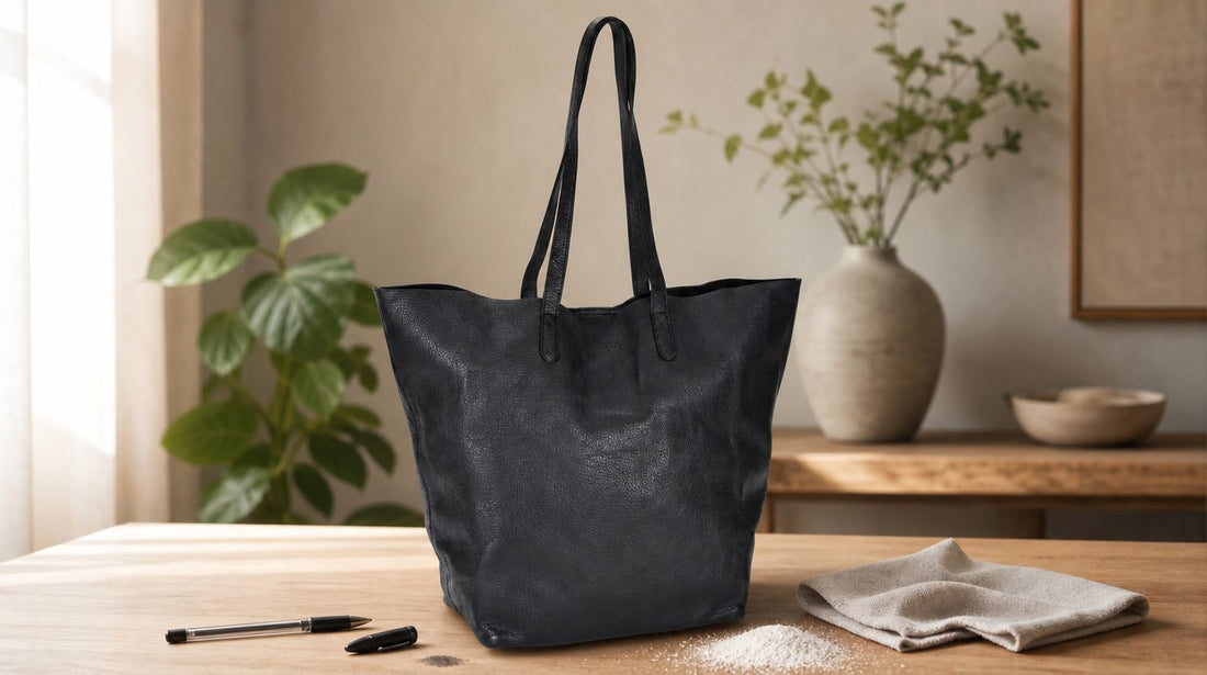 Pen en vetvlek naast een zwarte leren shopper met absorberend poeder