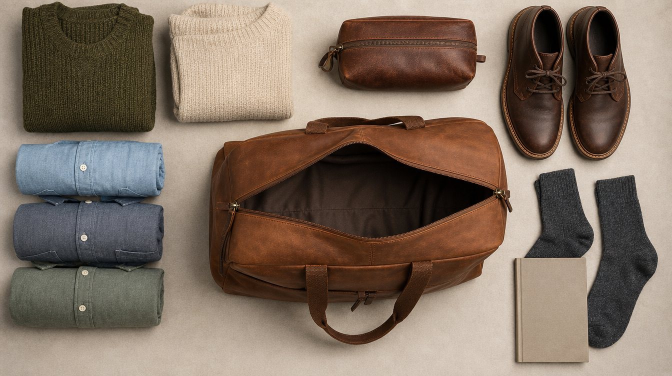 Open leren weekendtas met opgerolde kleding, schoenen en toilettas klaar om in te pakken