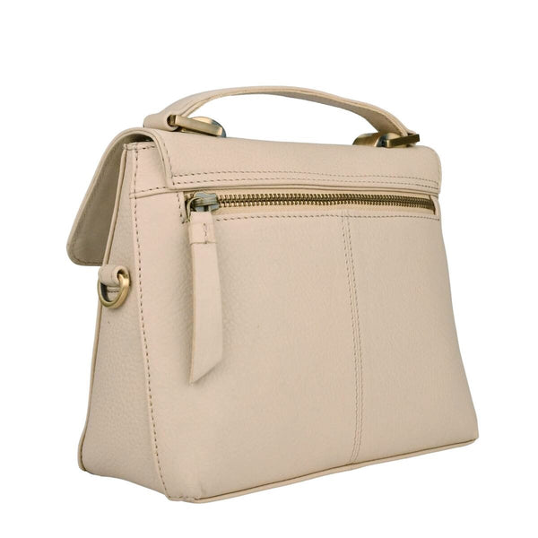 Beocca Fei schoudertas in lichtbeige leer, schuine achterkant met ritsvak